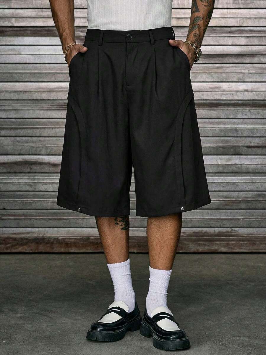 AXEPEAK Quần short nam dáng rộng, màu trơn, có túi, xếp ly, kiểu dáng thường ngày. - màu đen - Xem 1