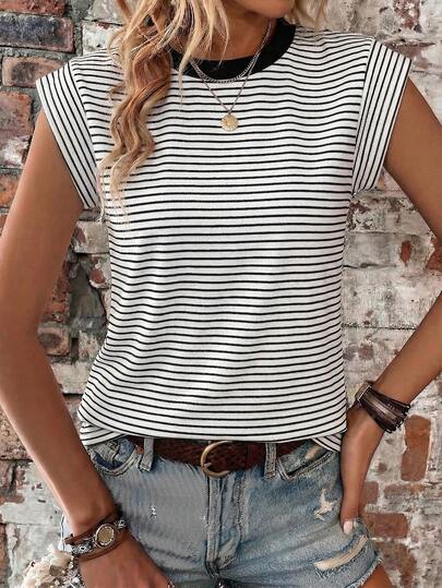 Selamara New Arrival Women's Fashion Casual Versatile Striped Contrast Color Round Neck Cap Sleeve T-Shirt
