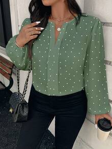 EMERY ROSE Plus Size Women Polka Dot Pattern Lantern Sleeve Casual Shirt Fall - Green - View 6