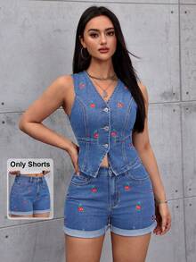 SHEIN ICON 女士水果刺绣可折叠下摆宽松牛仔短裤 - 淺色水洗藍 - 查看 1
