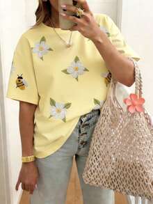 EMERY ROSE Women's Floral & Bee Round Neck Short Sleeve Casual Versatile T-Shirt - Multicolor - View 1