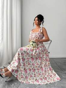 Elenzga 大码女士优雅简约日常、约会、假日派对A字杏色印花连衣裙 - 彩色 - 查看 4