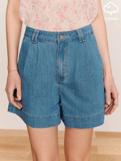 lacRébo 高腰A字牛仔短裤，前褶设计，春夏度假穿搭，法式巴黎风情。