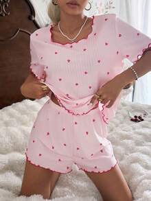 CottageSlumber Pink Heart Ribbed Knit Loose Fit Short Sleeve & Shorts Pajama Set For Women - Pink - View 4