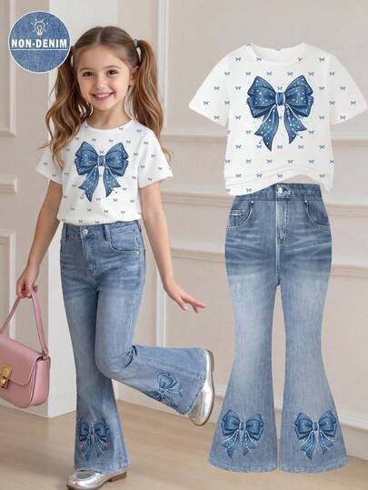 2件套女童夏季牛仔蝴蝶结印花柔软面料圆领短袖T恤和松紧腰喇叭裤套装，简约时尚