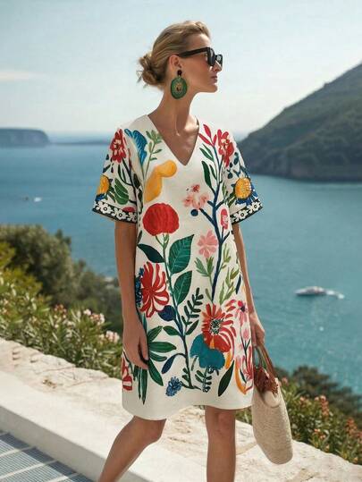 Wandoria Vestido de verano de estilo casual, suelto y cómodo con estampado digital multicolor sobre base de color albaricoque, de punto de bambú, cuello en V y manga corta, ideal para festivales de música, vacaciones, playa y estilo callejero. Nuevo diseño de vestido mini de verano versátil con estampado floral para tallas pequeñas.