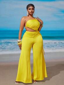 Maweii 大码系带无肩带褶皱休闲连体裤 - 黃色 - 查看 3