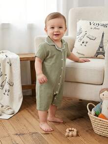 Infant/Toddler Boys' Elegant Minimalist Short Sleeve Shorts Set, Soft Washed Textured Fabric, Comfortable & Skin-Friendly, One-Piece Jumpsuit Design Baby Clothes Sage Green Baby Romper Baby Short Sleeved Romper Baby Boy Summer Romper Unisex Baby Clothes - Dark Green - View 3