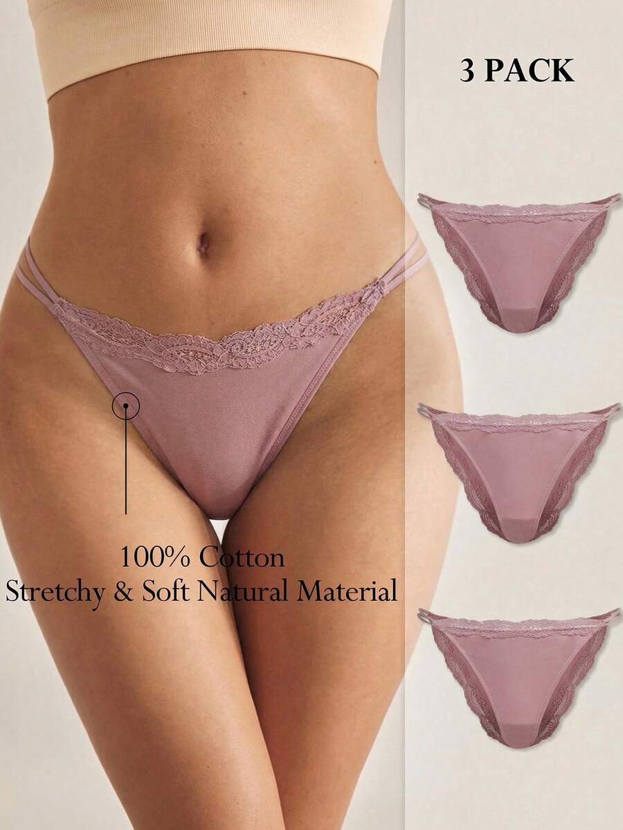 Ocili 3条装舒适简约100%纯棉蕾丝边弹力腰女士内裤，时尚秋季款 - 紫色 - 查看 1