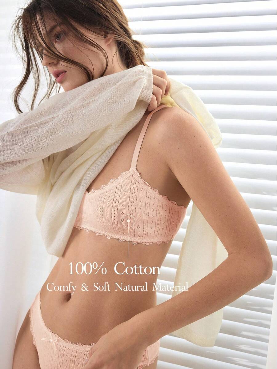 Ocili Áo ngực nữ thoải mái, chất liệu cotton dệt kim, họa tiết jacquard, ren và nơ trang trí. - Màu be - Xem 1