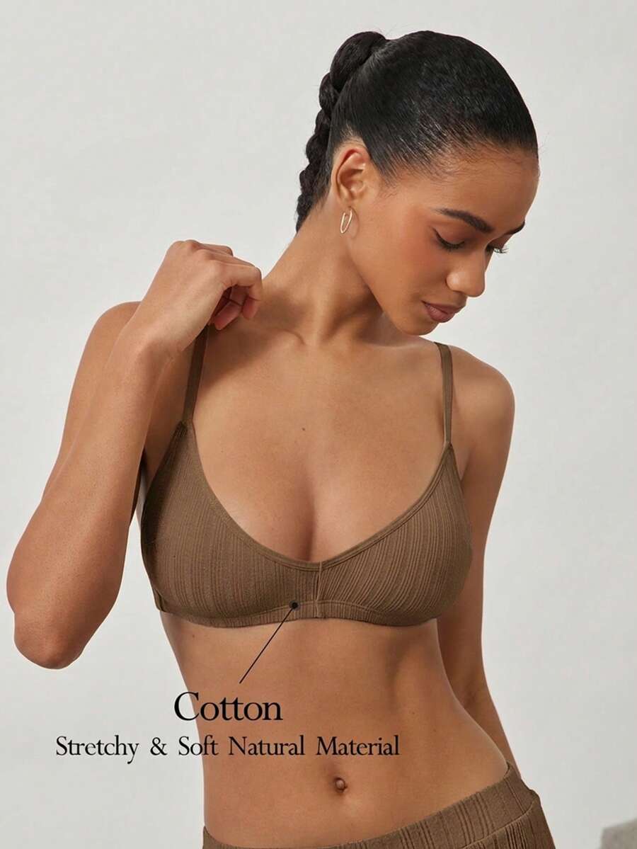 Ocili 100% Cotton Ribbed Comfortable Basic Minimalist Underwear, EasyComfort ChicAutumnCasual Women's Bra - Khaki - View 1