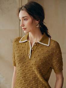 Anewsta French Spring/Summer Elegant Textured Business Casual 3D Crochet Hollow Gold Button Ivory Knit Top - Army Green - View 5