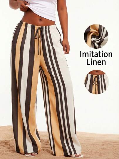 SHEIN SXY Quần dài ống rộng, chất liệu giả lanh kẻ sọc nhiều màu, cạp cao, lưng thun co giãn. Phong cách thường ngày, thanh lịch, phóng khoáng, thích hợp cho mùa xuân/hè, đi nghỉ mát, đi nghỉ dưỡng, đi lễ hội âm nhạc, hòa nhạc, tiệc hóa trang, kỳ nghỉ biển, hẹn hò, sinh nhật, tiệc độc thân, câu lạc bộ. Dễ thương, thoải mái, đi mua sắm, dạo phố, đi chơi. Dễ phối đồ và giúp bạn trông thon gọn hơn, tôn dáng.