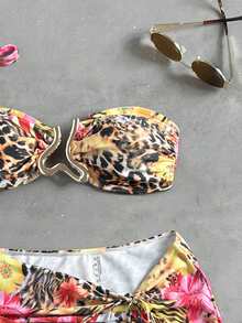 Swim Vcay 女士三件套泳衣：抹胸上衣、时尚褶皱侧裙、亮面面料、时尚度假装 - 彩色 - 查看 7