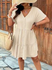 EMERY ROSE Plus Size V-Neck Batwing Sleeves Ruffle Hem A-Line Dress,Cute Beige Woven Fabric Textured Drop Shoulder Boho Summer Holiday Vacation Casual Dress - Apricot - View 6