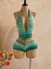 Soleia 女士扎染深V领性感吊带针织连体衣 - 綠色 - 查看 5