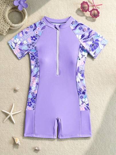 SHEIN Traje de baño de una pieza con estampado floral para niña preadolescente, adecuado para nadar, vacaciones de verano, playa