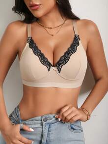 DesireSculpt 1 chiếc áo lót hai dây nữ mềm mại và thoải mái, màu trơn, bề mặt mịn, viền hoa tương phản và trang trí nơ. - Màu be - Xem 3