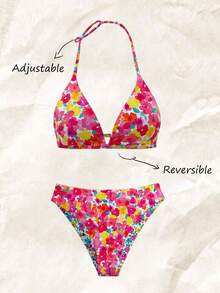Bộ đồ bơi cho bé gái tuổi teen, kiểu dáng thường ngày, dễ thương, in họa tiết hoa ngẫu nhiên, chất liệu vải dệt kim, áo yếm điều chỉnh được và quần tam giác, 2 món, có thể mặc hai mặt, thích hợp cho mùa hè, đi biển, hồ bơi, tiệc tùng và kỳ nghỉ. - Nhiều màu - Xem 3
