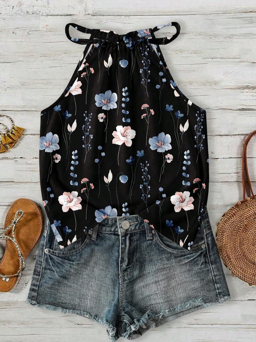 SHEIN LUNE Women's Halter Neck Camisole Top, Floral Pattern, Suitable For Spring And Summer - Multicolor - View 1