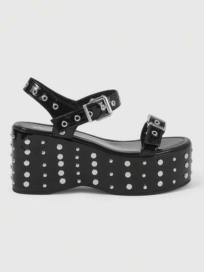 ROMWE Grunge Punk Giày sandal đế xuồng đính kim tuyến, khóa cài nhọn dành cho nữ.