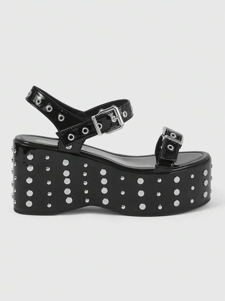 ROMWE Grunge Punk 女士铆钉扣金属丝厚底凉鞋。 - 黑色 - 查看 1