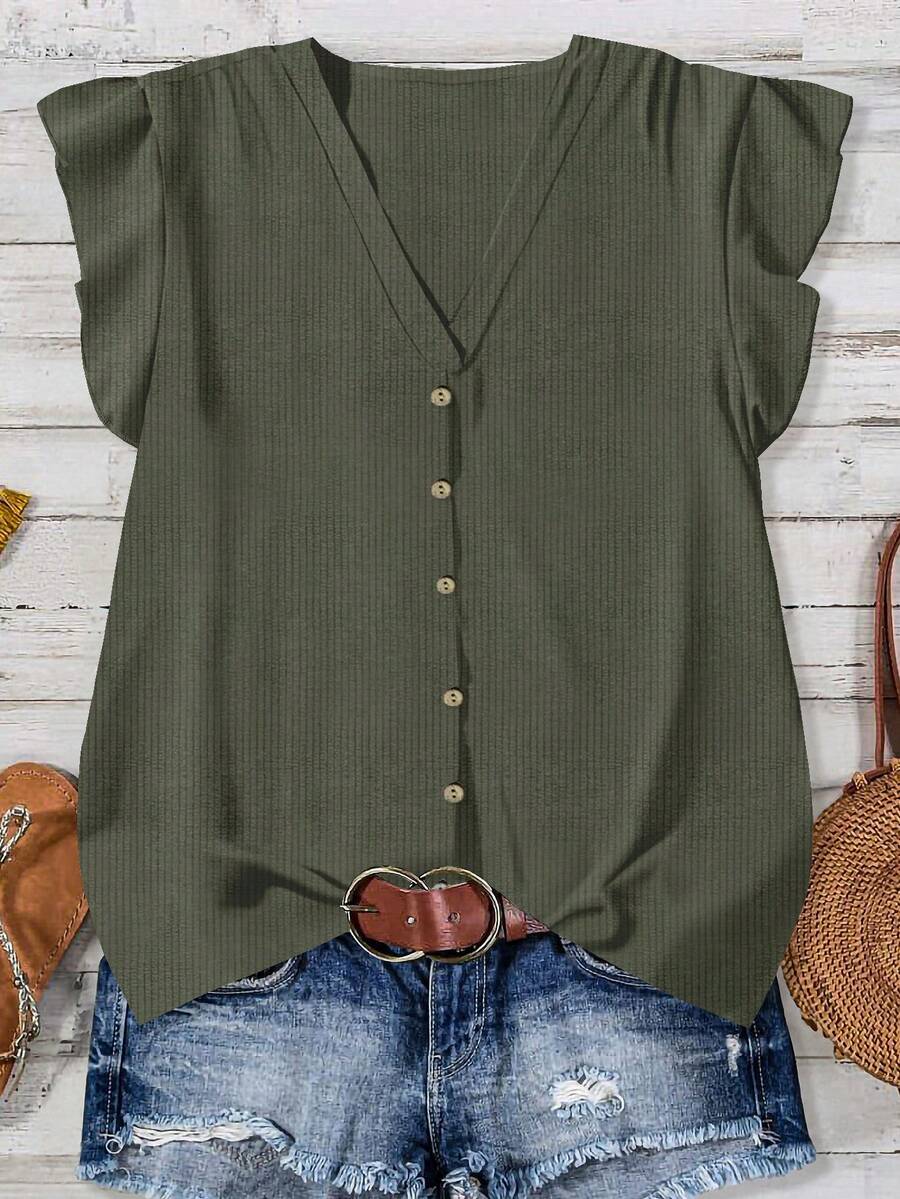 EMERY ROSE Casual Minimalist Military Green Bubble Plaid Plus Size Shirt - Green - View 1