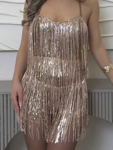 Jemour Y2K 闪亮圣诞优雅女士性感露背亮片流苏连体裤，适合夜店派对、日常约会、秋季休闲装 - 金色 - 查看 6