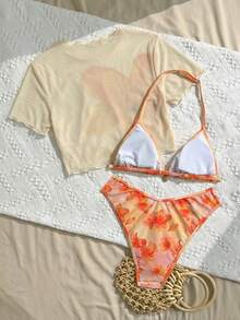 SHEIN Bộ bikini 3 món mùa hè cho bé gái và thiếu niên, áo thun in hoa màu cam và đồ bơi, thích hợp cho bãi biển và kỳ nghỉ theo phong cách Bohemian. - Nhiều màu - Xem 2