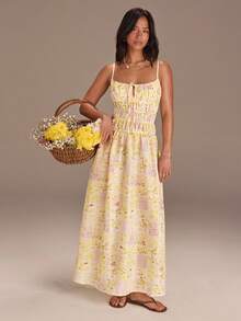 Athîral 女士休闲度假吊带印花露背连衣裙 - 黃色 - 查看 3