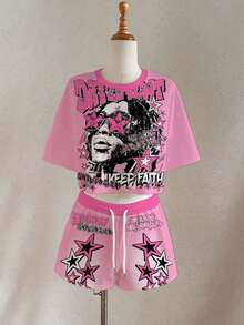 Slaydiva 女士字母和图案印花短袖T恤和短裤休闲两件套 - 彩色 - 查看 4