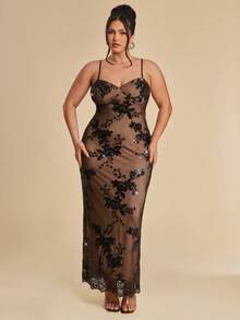 SHEIN BAE Plus Size Women's Elegant Black Summer Floral Sequin Maxi Dress,Sheer Mesh Lace Spaghetti Strap Evening Gown,Night Out Club Party Special Occasion - Black - View 6