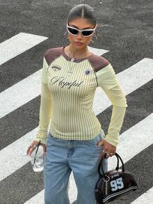 Muchica Women's Letter & Stripe Print Raglan Sleeve Casual T-Shirt - Multicolor - View 5