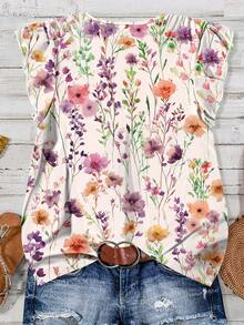 EMERY ROSE Casual Romantic Floral Print V-Neck Ruffle Trim Plus Size Women's Short Sleeve Blouse, Suitable For Summer, White Top, Vacation - Multicolor - View 2
