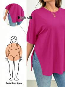 SHEIN Essnce Áo thun ngắn tay màu đen xẻ tà, kiểu dáng đơn giản, thoải mái, rộng rãi, cơ bản dành cho nữ, thích hợp mặc đi chơi, đi sân bay, phong cách mùa hè châu Âu. - Màu Đỏ Sâu - Xem 7