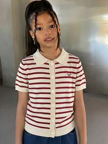 Dazy Kids Tween Girls' Spring Casual Striped Bow Embroidery Front Button Short Sleeve Knit Top - Burgundy - View 5