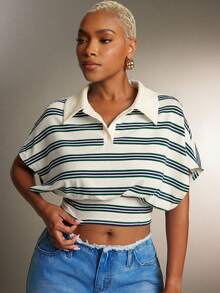 Denimoi Cinched Waist Collared Striped Polo Top Fashionable Tops Collared Top - Apricot - View 5