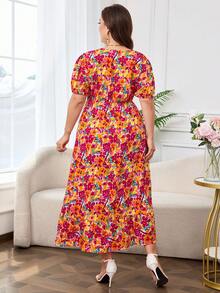 Reflora 大码女式夏季浪漫优雅度假风全身印花方领泡泡袖收腰中长连衣裙 - 橘色 - 查看 3