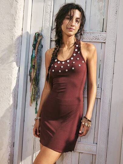 SoleilVie Women's New Round Neck Short Sleeve Button Decor Fitted Short Dress