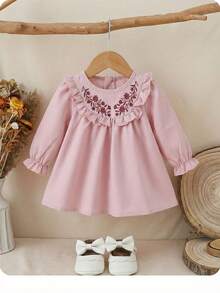 Vestido holgado de manga larga con volantes, estampado floral de bloques de color, para bebé niña recién nacida - Rosa - Ver 5