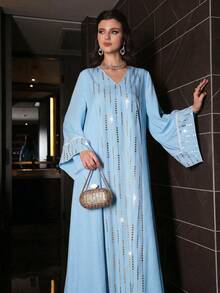 Al Najma Đầm maxi Thổ Nhĩ Kỳ dáng rộng thanh lịch xòe rộng, thích hợp mặc hàng ngày, và áo Abaya truyền thống Ả Rập. - Màu xanh nước - Xem 4