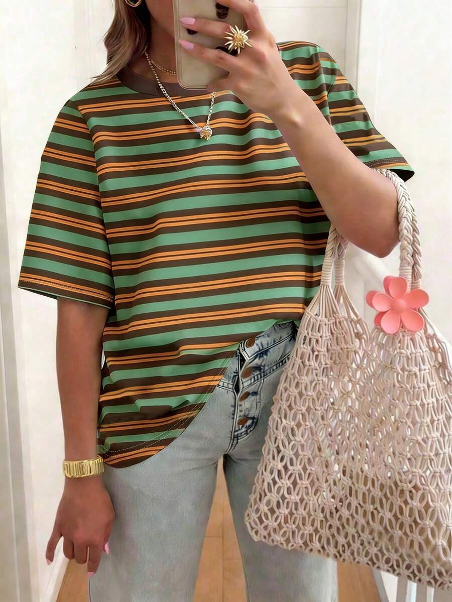 EMERY ROSE 女士休闲条纹短袖T恤，宽松圆领设计，可机洗，适合所有季节，舒适可爱，复古风格。 - 彩色 - 查看 1