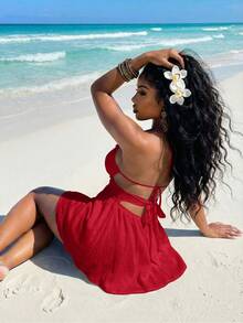 Slaydiva 夏季时尚基础款，百搭休闲又不失优雅，适合度假、旅行、海滩、海边、泳池、游艇、日光浴等场合，可爱甜美，休闲又不失优雅，露背蕾丝拼接镂空A字伞裙白色绉纱女士短裙 - Z - 紅色 - 查看 2