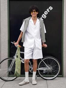 Open Phase 2 pezzi Set estivo da uomo, camicia in lino cubano leggera e traspirante con pantaloncini con coulisse, stile casual da gentiluomo vintage, adatto per spiaggia, matrimonio, festa, vacanza, regalo per la festa del papà per marito, papà, fidanzato, comodo e versatile, stile americano vintage, unisex, vestibilità rilassata per l'estate, adatto per uso quotidiano e outfit estivi. - Bianco - Visualizzare 1