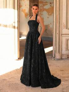 Glamrae Rochie elegantă, romantică, la modă, din material jacquard negru, rochie de seară formală, rochie de seară elegantă, rochie de mireasă, rochie de seară formală, rochie de seară elegantă, rochie de mireasă de onoare - Negru - Vizualizare 4