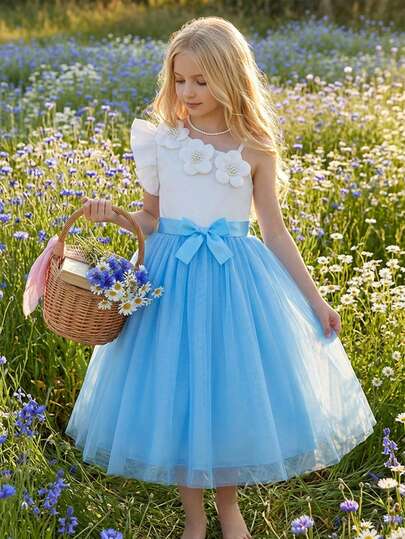 SHEIN Ruffled Floral Patchwork White & Sky Blue Mesh Puff Dress, Elegant & Fashionable, Versatile, Suitable For Birthday Party, Family Gathering, Outdoor Entertainment, Relaxation, Vacation, Summer