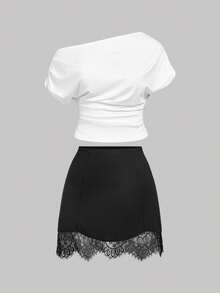 SHEIN MOD 加大码黑白撞色两件套，不对称肩部上衣T恤，蕾丝拼接迷你裙 - 黑與白 - 查看 10