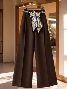 Franclia Calça feminina minimalista de cor sólida para uso diário, com lenço na cintura, elegante para o dia a dia. - Castanho - Ver 1
