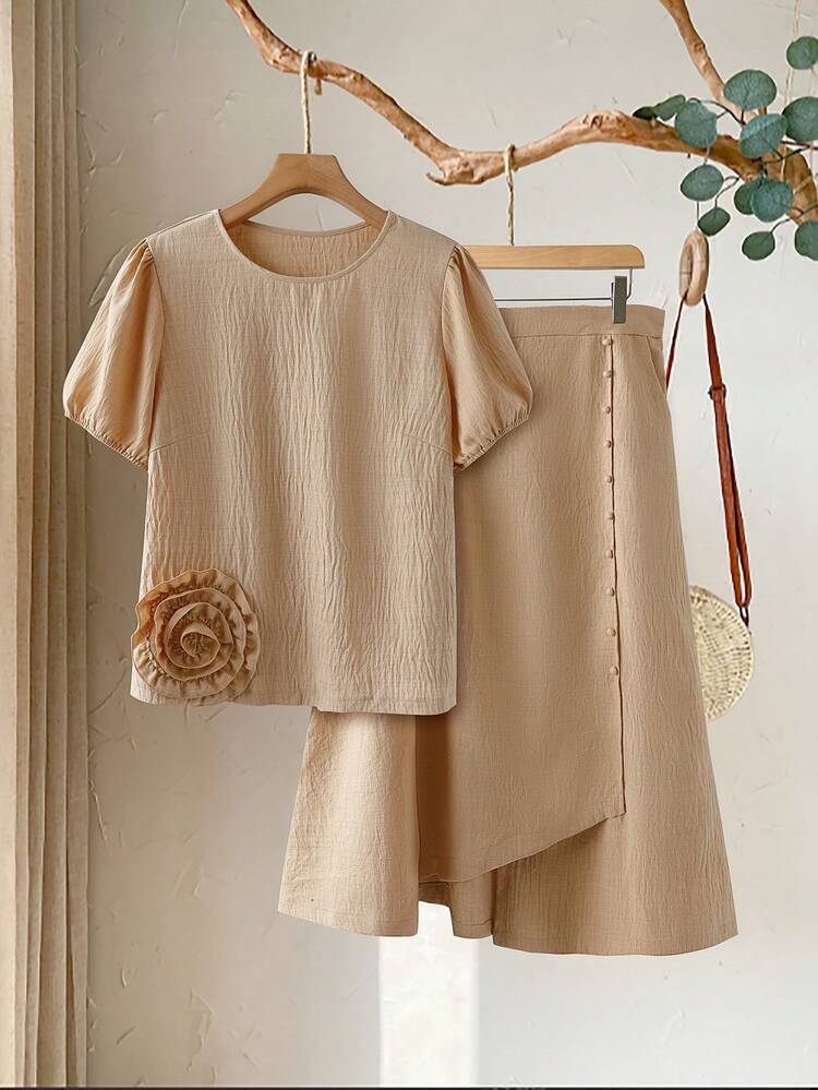 Plus Size Women Casual Short Sleeve Top & Skirt 2 Pieces Set