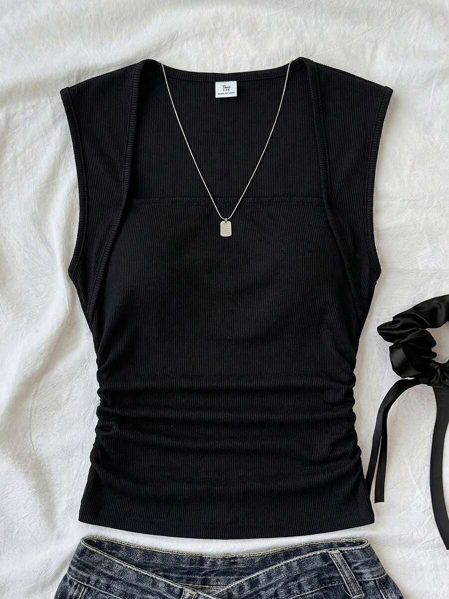 SHEIN Teen Girls T-Shirts Summer Solid Ruched Side Tank Top - Black - View 1